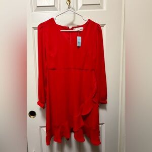 LOFT Vibrant Red Long Sleeve Ruffle-Trim Dress